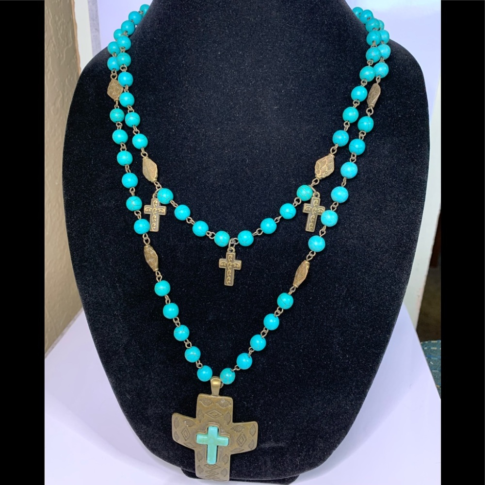 Faux turquoise beaded antique brass cross necklace